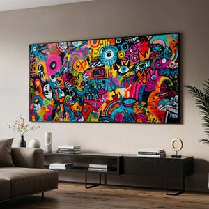 Lienzo de grafiti urbano vibrante, decoración de pared de arte callejero abstracto, arte pop moderno y colorido, pintura expresionista en lienzo, decoración atrevida para el hogar.