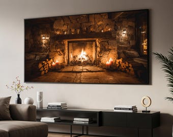 Cozy Rustic Stone Fireplace Canvas, Warm Candlelit Hearth Wall Art, Cabin Interior Decor, Fireplace Glow Canvas, Cozy Home Decoration