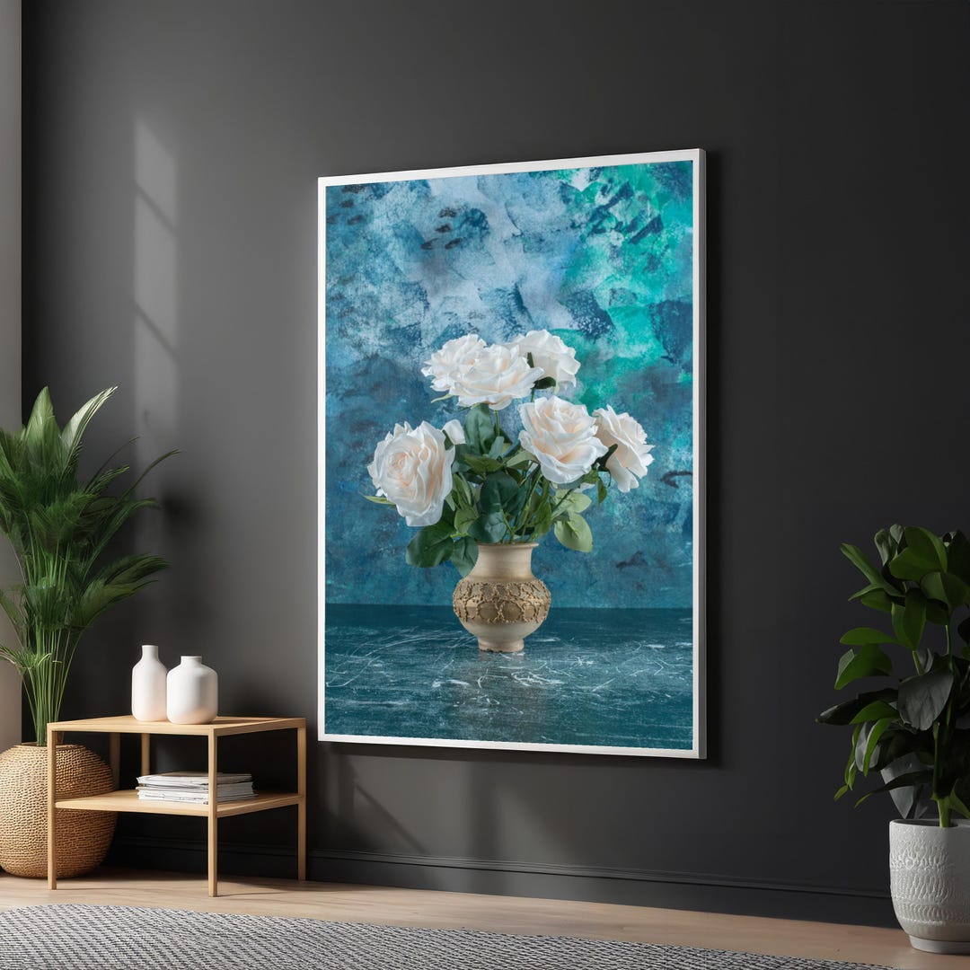 White Roses in Vase Canvas, Floral Wall Art, Elegant Flower Print, Wall ...