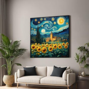 Van Gogh Starry Night Sunflowers, Starry Night Canvas, Sunflower Wall Art, Wall Art Canvas Design, Ready To Hang Decoration