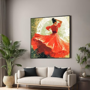 Flamenco-Tänzerin Leinwand, Rotes Kleid Kunst, Spanischer Tanz Wanddruck, Elegantes Wandkunst Leinwanddesign, Fertig zum Aufhängen Dekoration