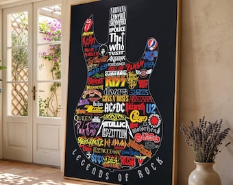Legends of Rock Guitar Canvas, Classic Rock Bands Wall Art, Music Icon Typography Canvas, Rock and Roll Home Decor, Band Logo Canvas Art
