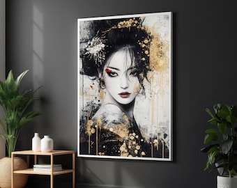 Mystical Geisha Canvas, Asian Art Decor, Elegant Woman Portrait, Gold Accents, Wall Art Canvas Design, Ready To Hang Decoration