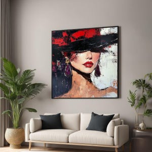 Mysterious Woman in Red Hat Canvas, Elegant Lady Wall Art, Fashion Portrait Print, Wall Art Canvas Design, Ready to Hang Decoration
