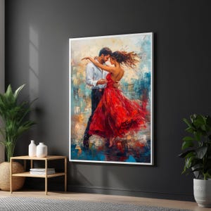 Lienzo de pareja de baile apasionado, arte de pared romántico, pintura con vestido rojo, arte de baile, diseño de lienzo para arte de pared, decoración lista para colgar