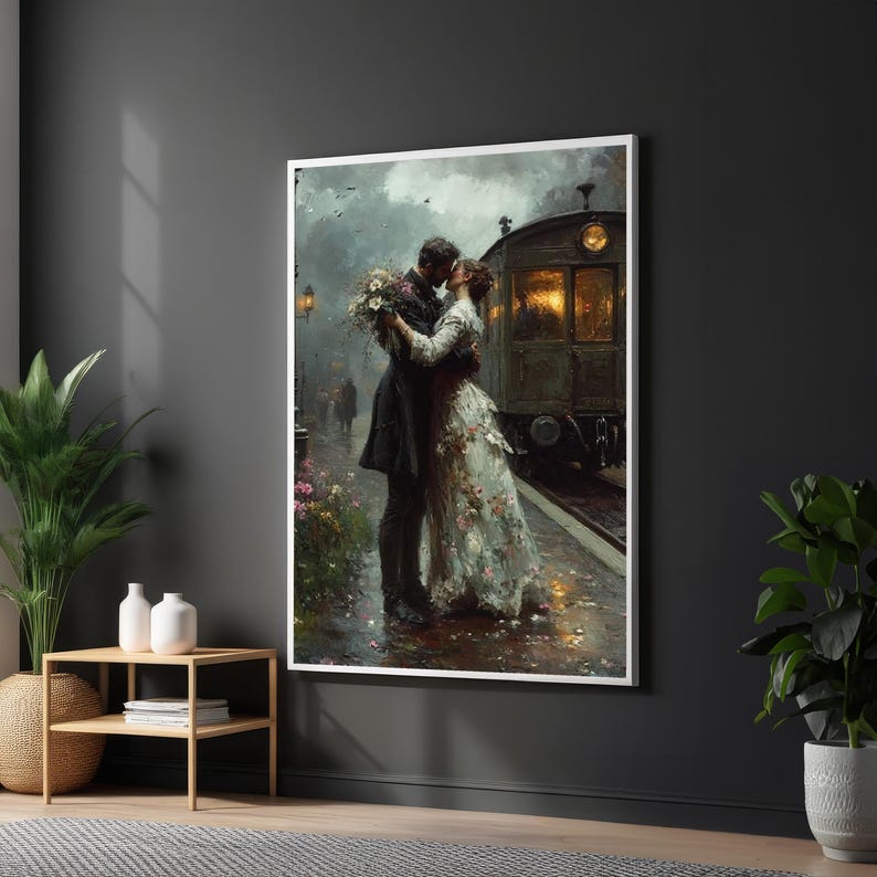 Vintage Train Station Romance, Lovers Kiss Canvas Art, Romantic Couple Wall Art, Vintage Love Poster, Wall Art Canvas Design, Ready to Hang