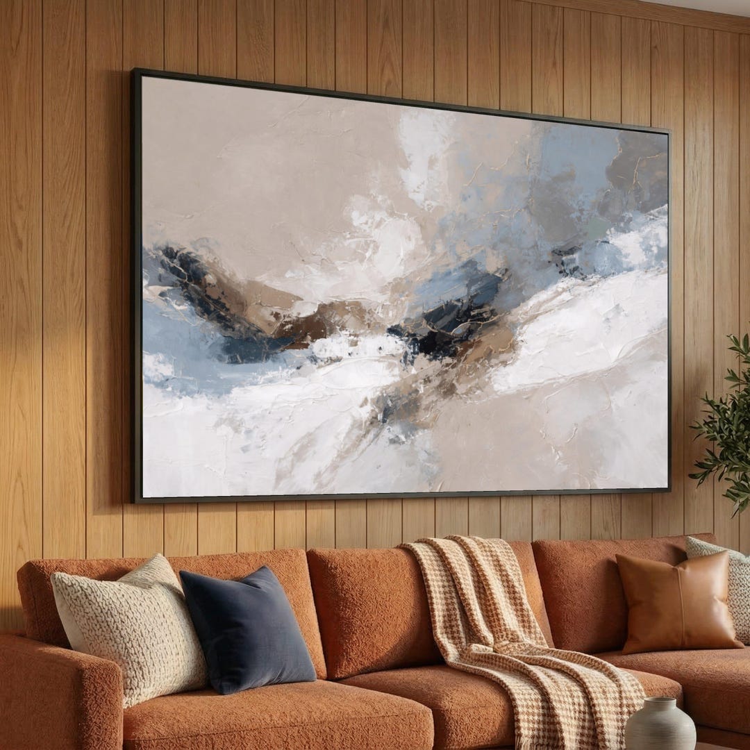 Neutral Abstract Canvas Wall Art, Modern Painting, Beige Blue Brown ...