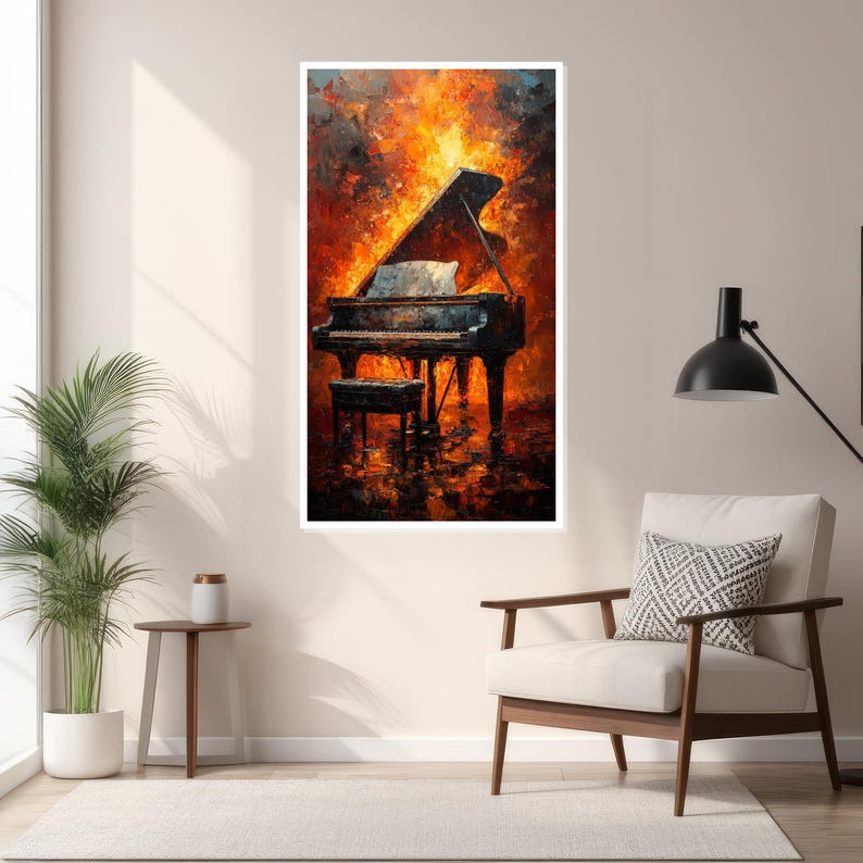 Fiery Piano Canvas Art, Burning Piano Wall Art, Vibrant Music Canvas, Wall Art Canvas Design, Ready To Hang Decoration