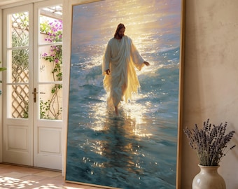 Canvas Jezus loopt op water, spirituele christelijke muurkunst, religieus interieur, inspirerende bijbelkunst, lichtreflectie canvas