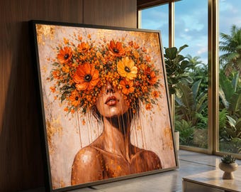 Abstract Woman Portrait Canvas, Orange Floral Headpiece Art, Modern Face Wall Art, Bold Colorful Canvas, Contemporary Home Decoration