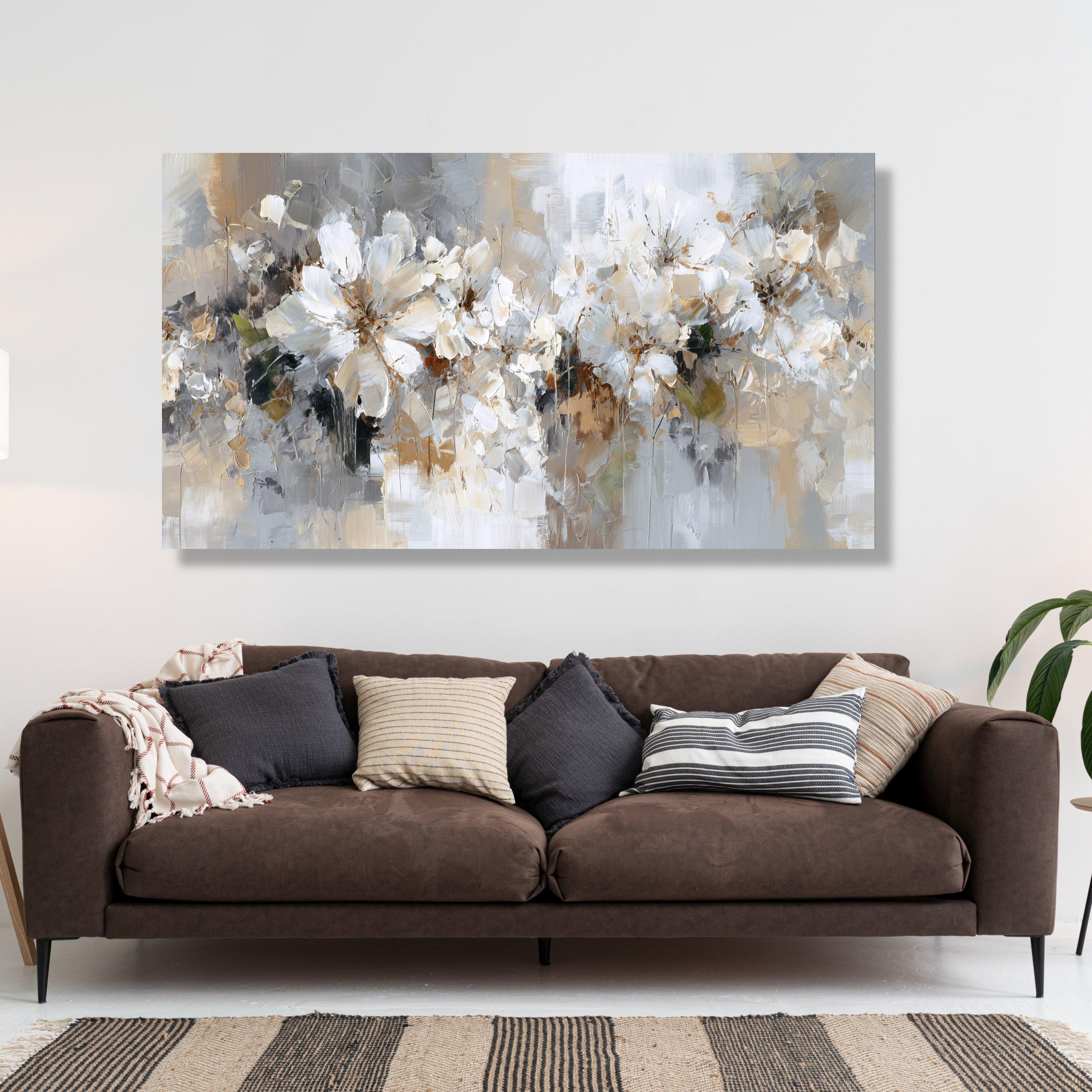 Soft Neutral Floral Canvas Wall Art, White and Beige Flower Painting ...