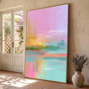 Abstract Pastel Landscape Canvas, Modern Wall Art, Colorful Brushstroke Painting, Pink Blue Yellow Decor, Contemporary Canvas Wall Art