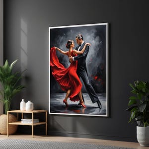 Leidenschaftlicher Tanz Leinwand, Elegantes Paar im Roten Kleid Kunst, Tanz Wandkunst, Leinwanddesign, fertig zum Aufhängen, Romantisches Dekor