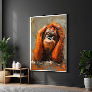 Thoughtful Orangutan Portrait, Abstract Animal Canvas, Jungle Wildlife Wall Art, Expressive Primate Painting, Vibrant Orange Fur Canvas