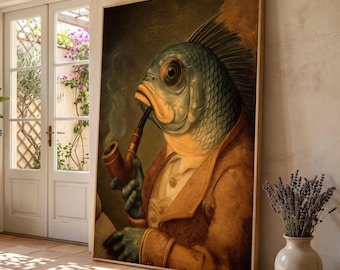 Whimsical Fish Gentleman Smoking Pipe Canvas, Vintage Surreal Wall Art, Quirky Home Decor, Unique Animal Portrait Canvas, Ready to Hang