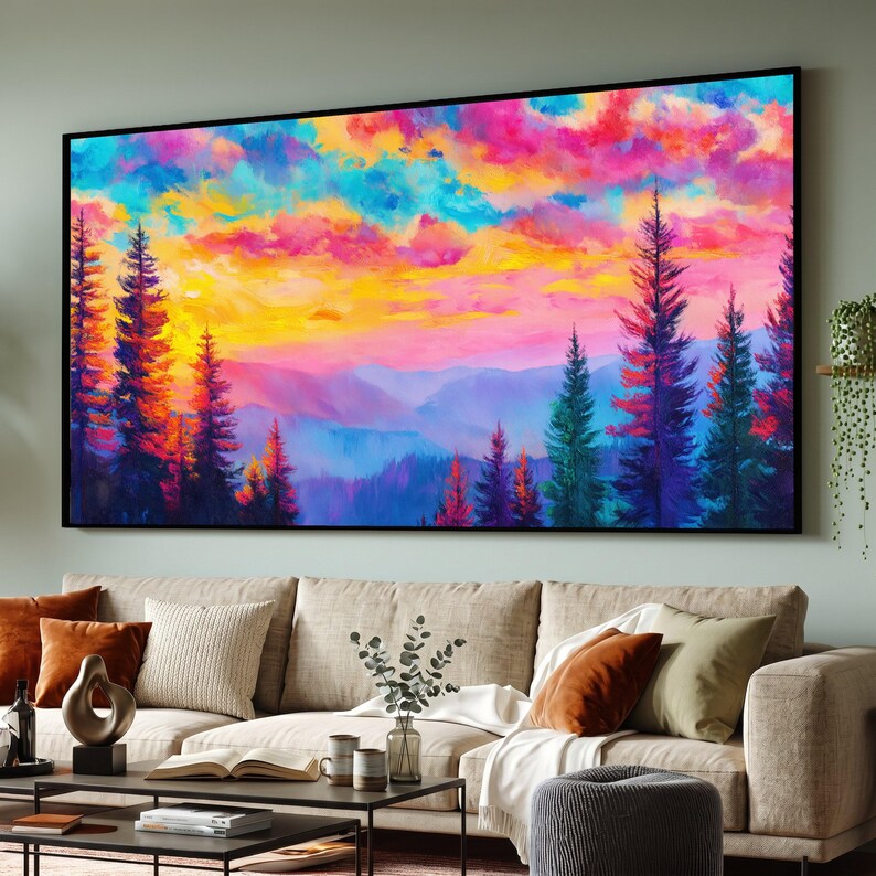 Vibrant Sunset Sky Canvas, Colorful Mountain Landscape, Pine Trees Wall ...