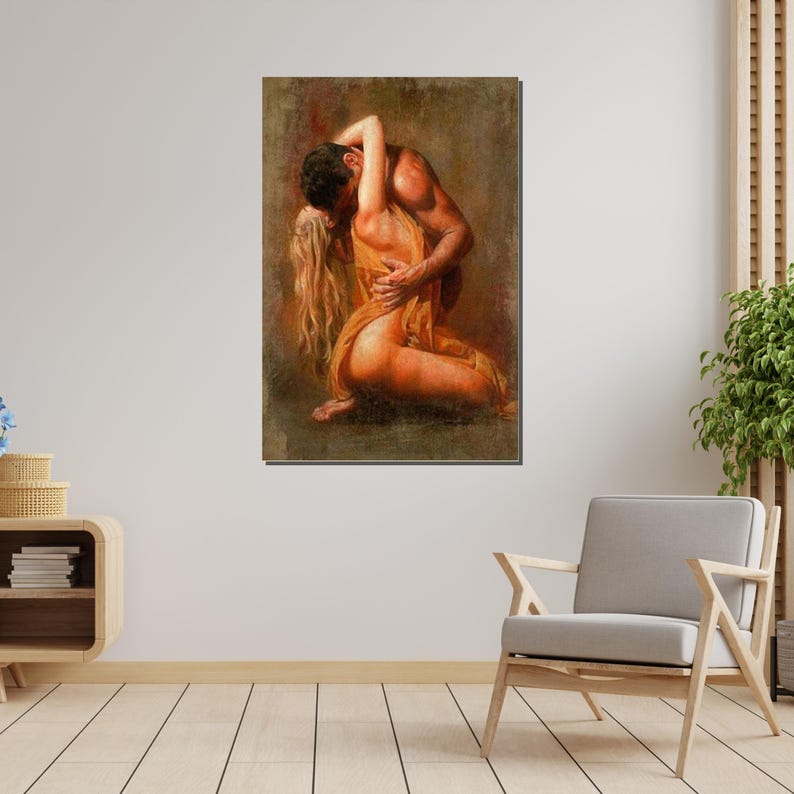 Embrace of Passion Canvas, Romantic Wall Art, Couple in Love Poster, Sensual Art Print, Wall Art Canvas Design, Ready to Hang Decoration