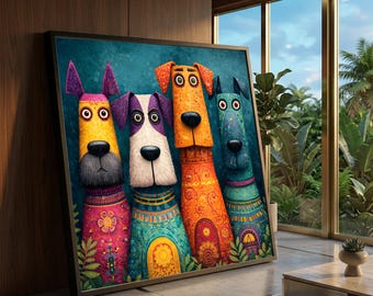 Whimsical Colorful Dogs Canvas, Quirky Pet Portrait Wall Art, Vibrant Animal Illustration, Fun Home Decoration Canvas, Ready to Hang