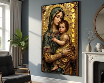 Madonna mit Kind Leinwand, religiöse Wandkunst, Ikonen-Art-Porträt, Goldakzent-Kunst, spirituelles Leinwand-Design, fertig zum Aufhängen der Dekoration