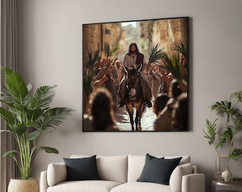 Palm Sunday Canvas, Jesus Riding Donkey, Biblical Wall Art, Religious Art Canvas Design, Ready to Hang Spiritual Decor