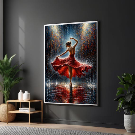 Elegant Dancer in Rain Canvas, Romantic Wall Art, Dancing in Red Dress, Ballet Canvas, Wall Art Canvas Design, Ready to Hang Decoration