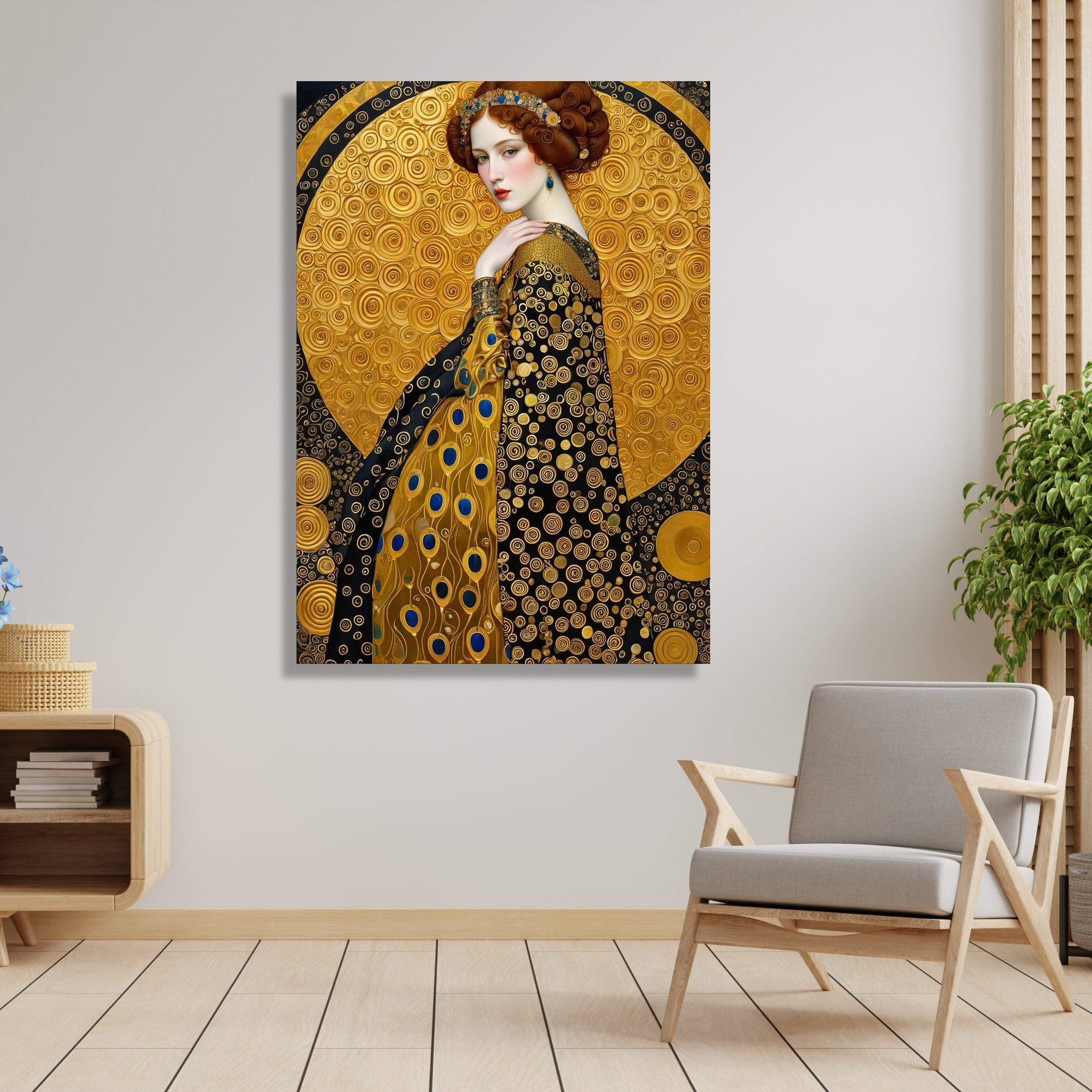 グスタフ・クリムト風の黄金の優雅さの肖像画、抽象的な円のキャンバス