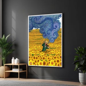Van Gogh Violinist Leinwand, Sonnenblumenfeld Kunst, Wunderliche Wandkunst, Sternenhimmel Twist, Wandkunst Leinwanddesign, fertig zum Aufhängen