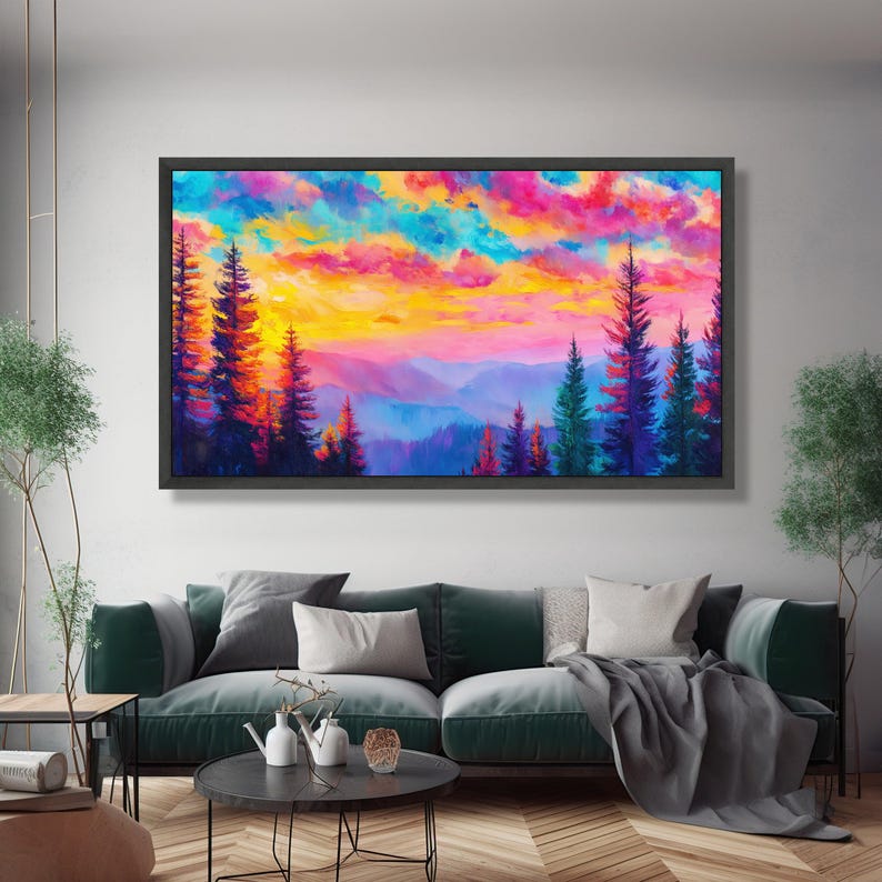 Vibrant Sunset Sky Canvas, Colorful Mountain Landscape, Pine Trees Wall ...