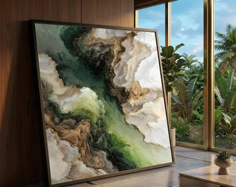 Abstract Geode Canvas Wall Art, Green and Gold Marble Design, Modern Organic Decor, Nature Canvas, Ready to Hang Artwork