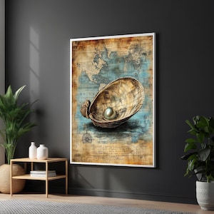 Austern und Perle Leinwand, Seekarte Kunst, Vintage Maritime Wandkunst, Muschel Poster, Wandkunst Leinwanddesign, fertig zum Aufhängen, Dekoration