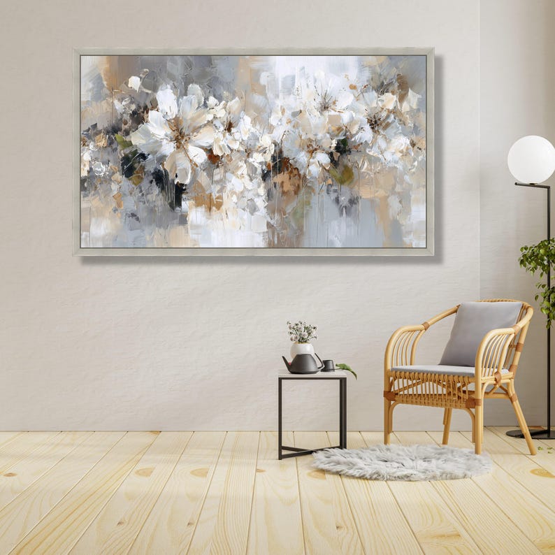 Soft Neutral Floral Canvas Wall Art, White and Beige Flower Painting ...