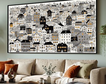 Cozy Neighborhood Illustration Canvas, Black and White Village Art, Warm Window Glow Wall Art, Detailed House Drawing Canvas, Urban Home