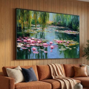 Claude Monet waterlelies canvas, impressionistisch bloemenlandschap, tuinvijver muurkunst, natuurdecor, klassieke Franse kunstafdruk