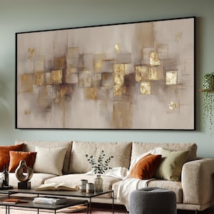 Tela con geometria astratta moderna, arte murale color oro, tela decorativa in toni neutri, dipinto per arredamento contemporaneo, pronto da appendere