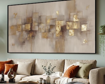 Modern Abstract Geometry Canvas, Gold Tone Wall Art, Neutral Tones Decorative Canvas, Contemporary Home Decor Painting, Ready to Hang