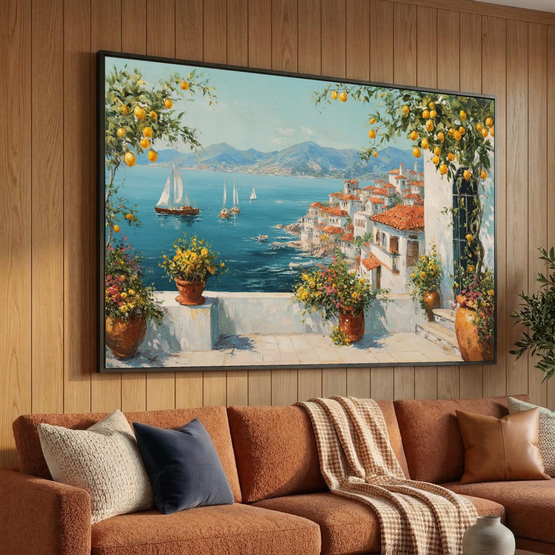 Mediterranean Coastal Village Canvas, Lemon Tree Patio Wall Art ...