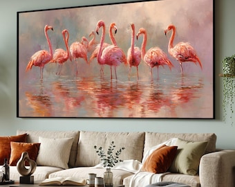 Elegant Flamingo Group Painting, Pink Bird Canvas Wall Art, Wildlife Reflection Art, Nature Scene Home Decor, Ready to Hang Canvas