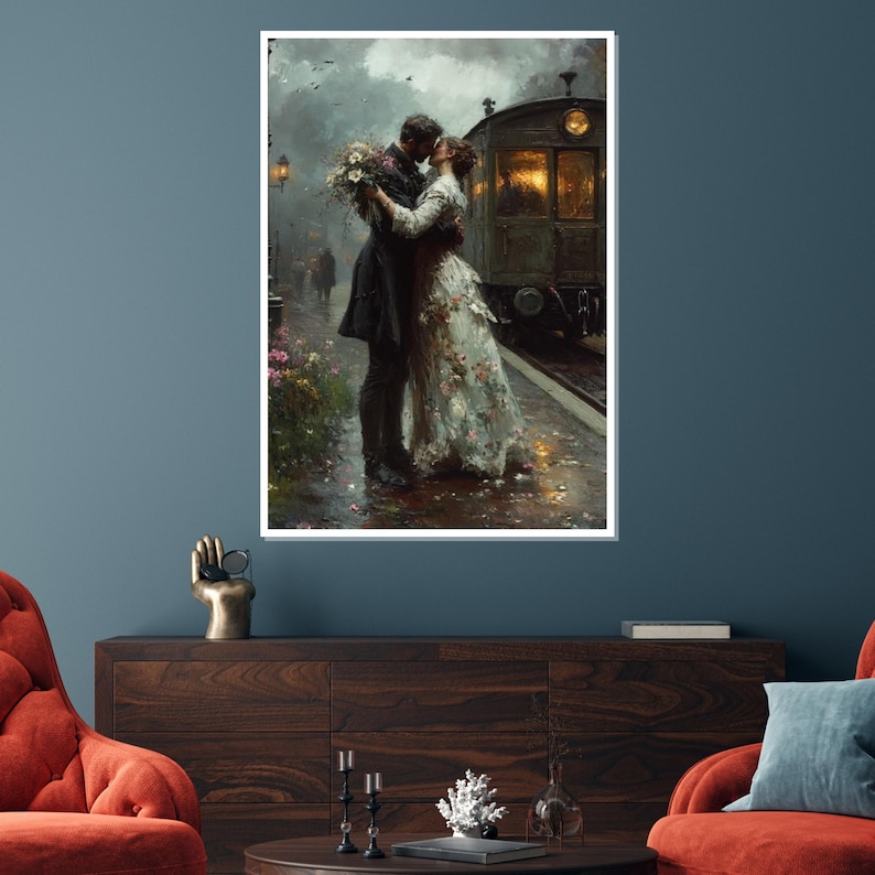 Vintage Train Station Romance, Lovers Kiss Canvas Art, Romantic Couple Wall Art, Vintage Love Poster, Wall Art Canvas Design, Ready to Hang