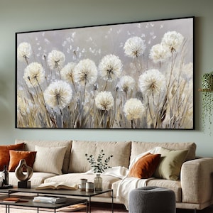 Lienzo delicado de diente de león blanco, arte floral para pared, pintura de naturaleza neutra, lienzo botánico suave, obra de arte para decoración del hogar.