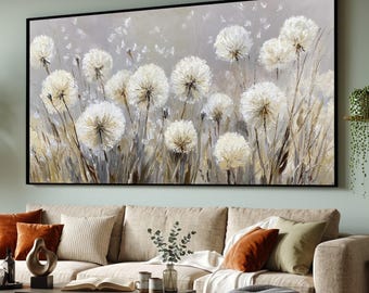 Delicate White Dandelion Canvas, Floral Wall Art, Neutral Nature Painting, Soft Botanical Canvas, Home Decor Artwork