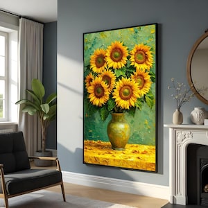 Lienzo artístico de girasoles, estampado de jarrón de girasoles vibrantes, diseño floral para pared, decoración lista para colgar, póster botánico