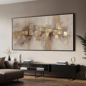 Moderne abstrakte Geometrie Leinwand, goldfarbene Wandkunst, dekorative Leinwand in neutralen Tönen, zeitgenössische Wohnkultur, fertig zum Aufhängen