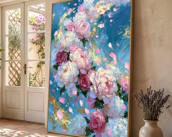Pink and White Roses Bouquet Canvas, Floral Wall Art with Blue and Gold Accents, Romantic Flower Canvas, Elegant Home Decoration