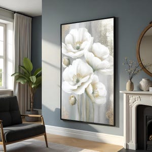 White Floral Canvas Art, Elegant Flower Wall Print, Minimalist Botanical Wall Art, Flower Artwork, Canvas Design, Ready to Hang Décor