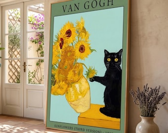 ゴッホ風のひまわりの絵画と黒猫のキャンバスウォールアート、気まぐれ