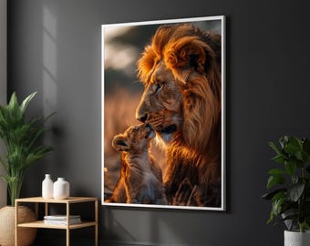Lienzo majestuoso de león y cachorro, retrato de padre e hijo, arte mural de animales, arte de vida silvestre, diseño de lienzo para pared, listo para colgar
