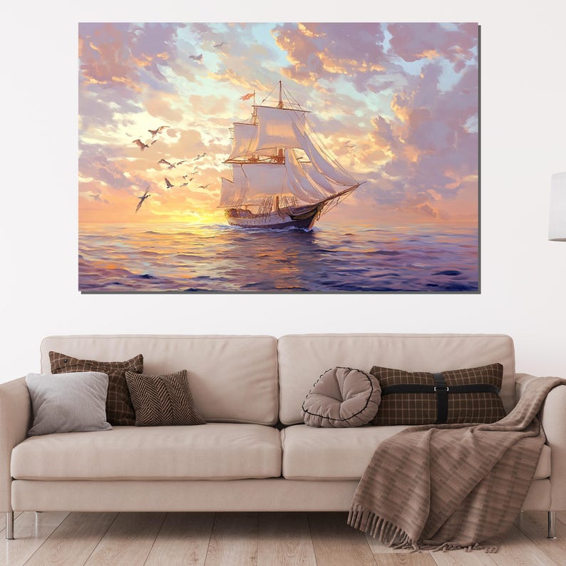 Majestic Sailboat Sunset Canvas, Seascape Wall Art, Nautical Decor, Ocean Painting, Sailing Ship Art, Wall Art Canvas Design, Ready to Hang