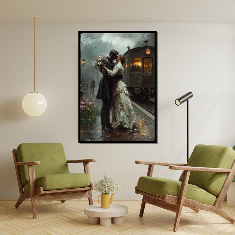 Vintage Train Station Romance, Lovers Kiss Canvas Art, Romantic Couple Wall Art, Vintage Love Poster, Wall Art Canvas Design, Ready to Hang