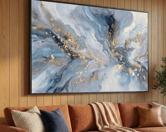 Abstract Blue Marble Swirl Canvas, Gold Accent Wall Art, Modern Fluid Art Canvas, Elegant Home Decoration, Ready to Hang Artwork