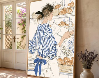 Casual Chic Woman Blue Stripes Canvas, Café Scene Wall Art, Elegant Lifestyle Illustration, Cozy Bakery Decor, Modern Canvas Print
